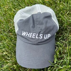 Wheels Up Trucker Hat Gray White Mesh Back American Flag Aviation Cap Adjustable